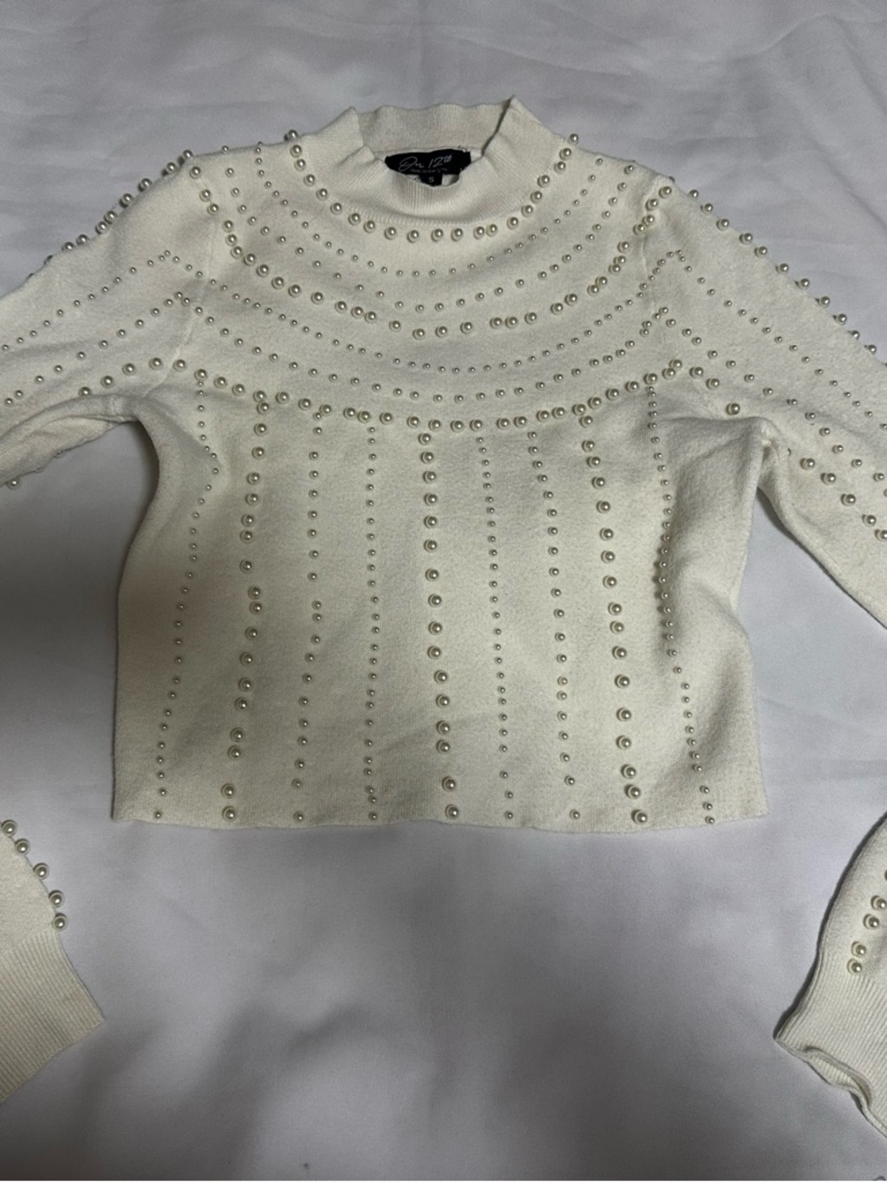 Pearl-Embellished White Knit Sweater
